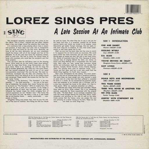 Lorez Alexandria - Lorez Sings Pres - A Late Session At An Intimate Club (Sing 565) LP 1988 SWE Sing｜中古LP
