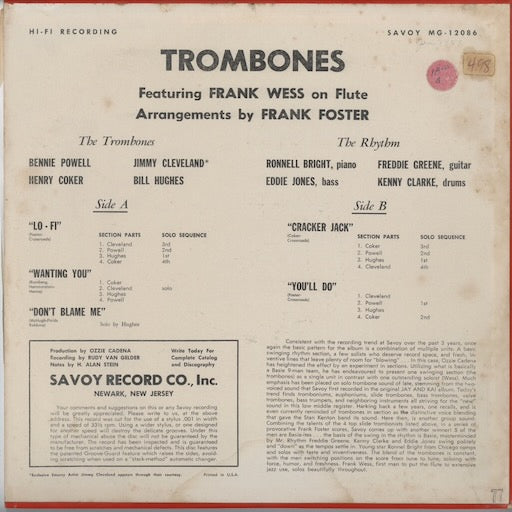 Frank Wess - Trombones (MG 12086) LP 1956 US Savoy｜中古LP