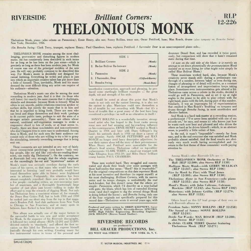 Thelonious Monk / セロニアス・モンク / Brilliant Corners (SMJ-6136M)