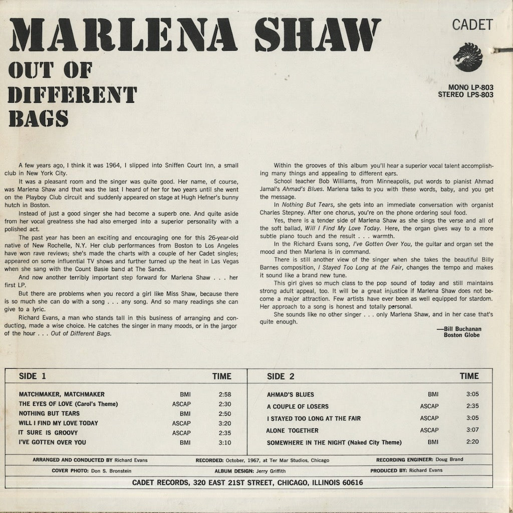 Marlena Shaw / マリーナ・ショウ / Out Of Different Bags (LPS 803)