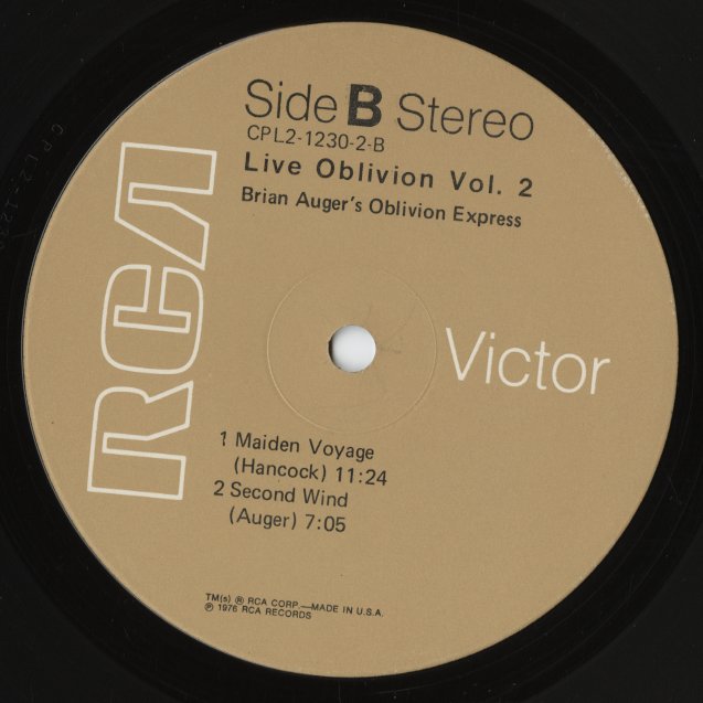 Brian Auger / Live Oblivion Vol.2 -2LP （RCA CPL2-1230｜US盤 1976年 Tan Label 2LP 見開き）