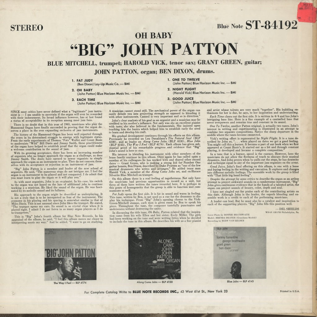 Big John Patton / ビッグ・ジョン・パットン / Oh Baby! (BST84192)