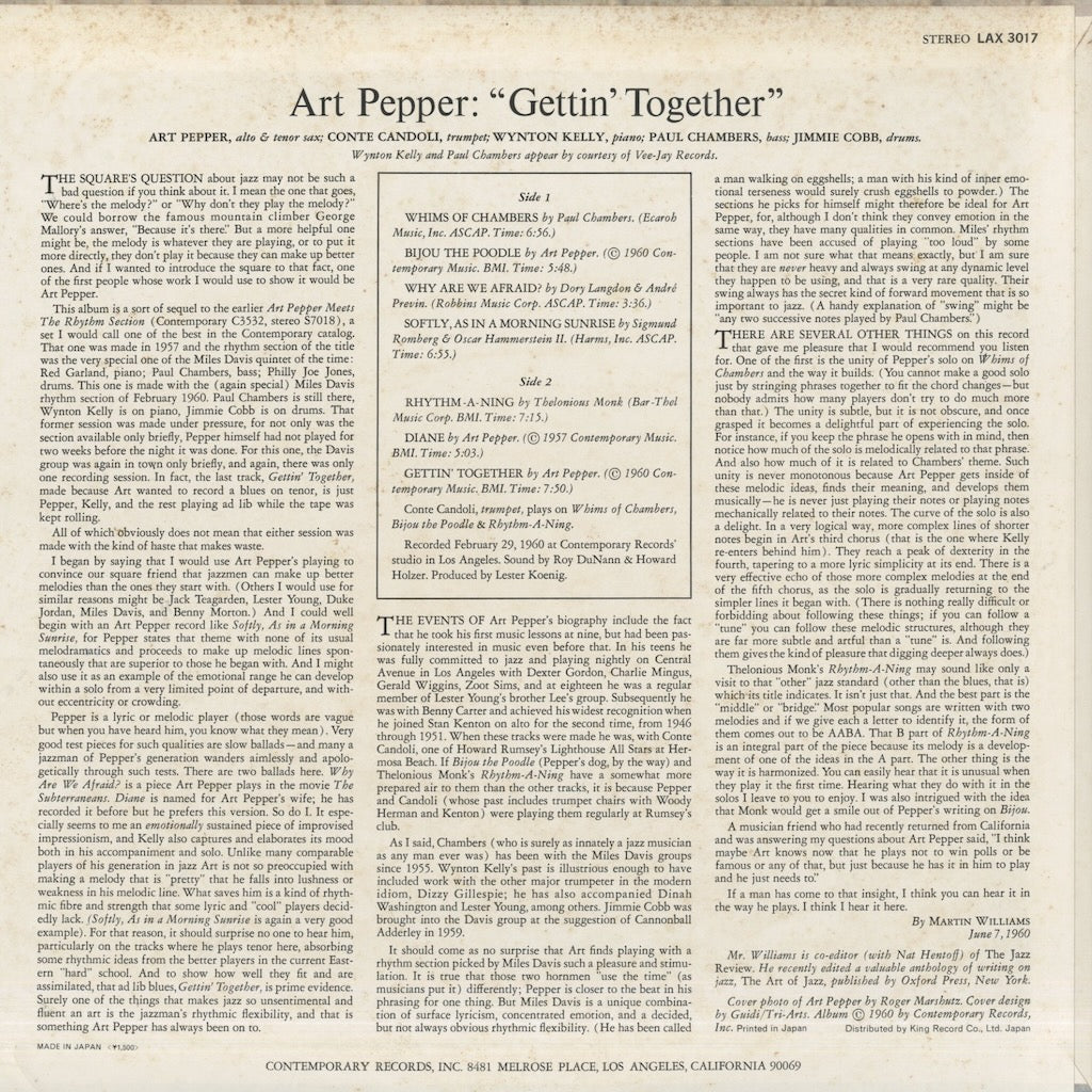 Art Pepper / アート・ペッパー / Gettin' Together  (LAX3017)