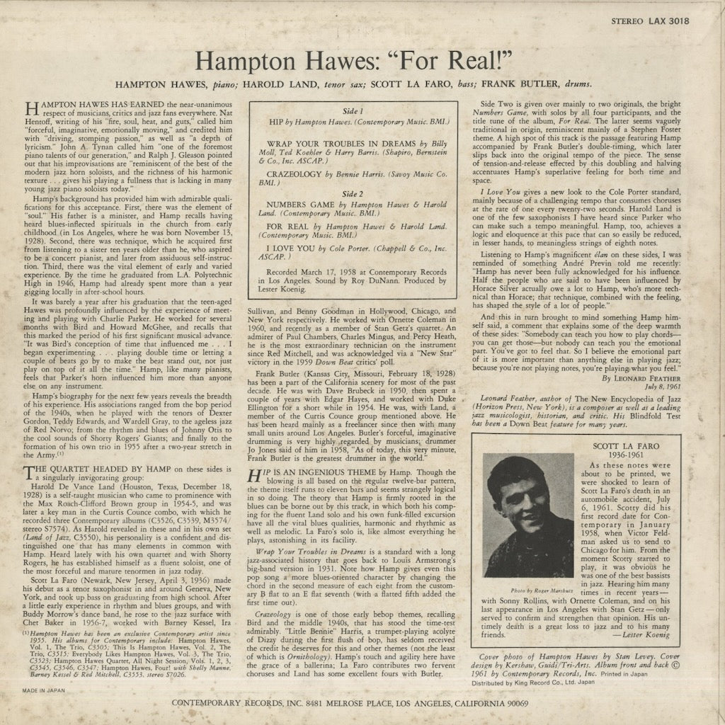 Hampton Hawes / ハンプトン・ホース / For Real! (LAX3018)