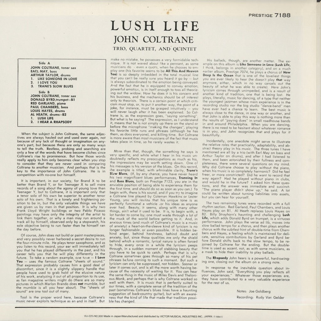 John Coltrane / ジョン・コルトレーン / Lush Life (VIJ225)