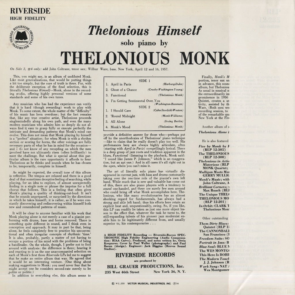 Thelonious Monk / セロニアス・モンク / Thelonious Himself (SMJ-6053M)