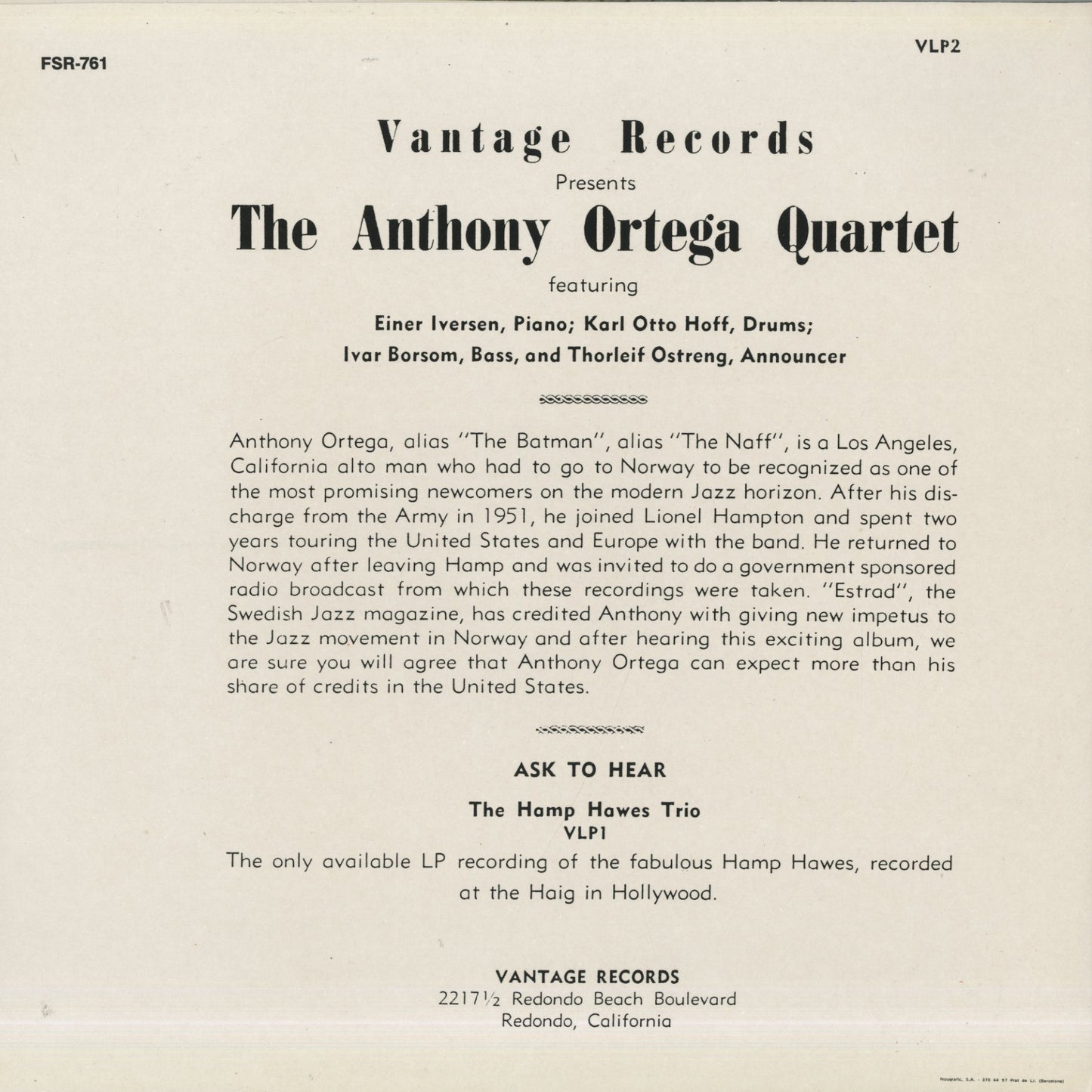 The Anthony Ortega Quartet / アンソニー・オルテガ ( FSR-761)