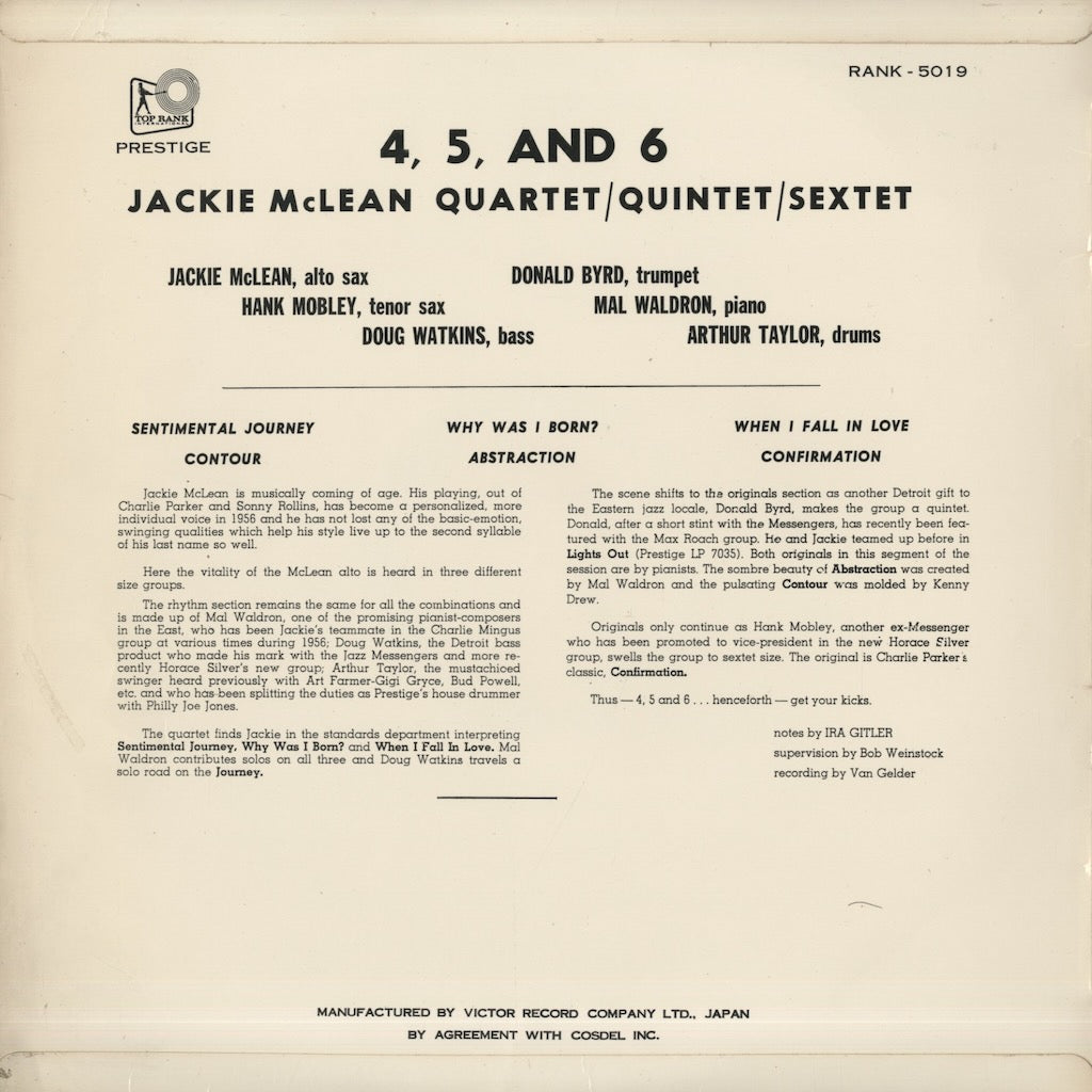 Jackie McLean / ジャッキー・マクリーン / 4, 5 and 6 (RANK-5019)