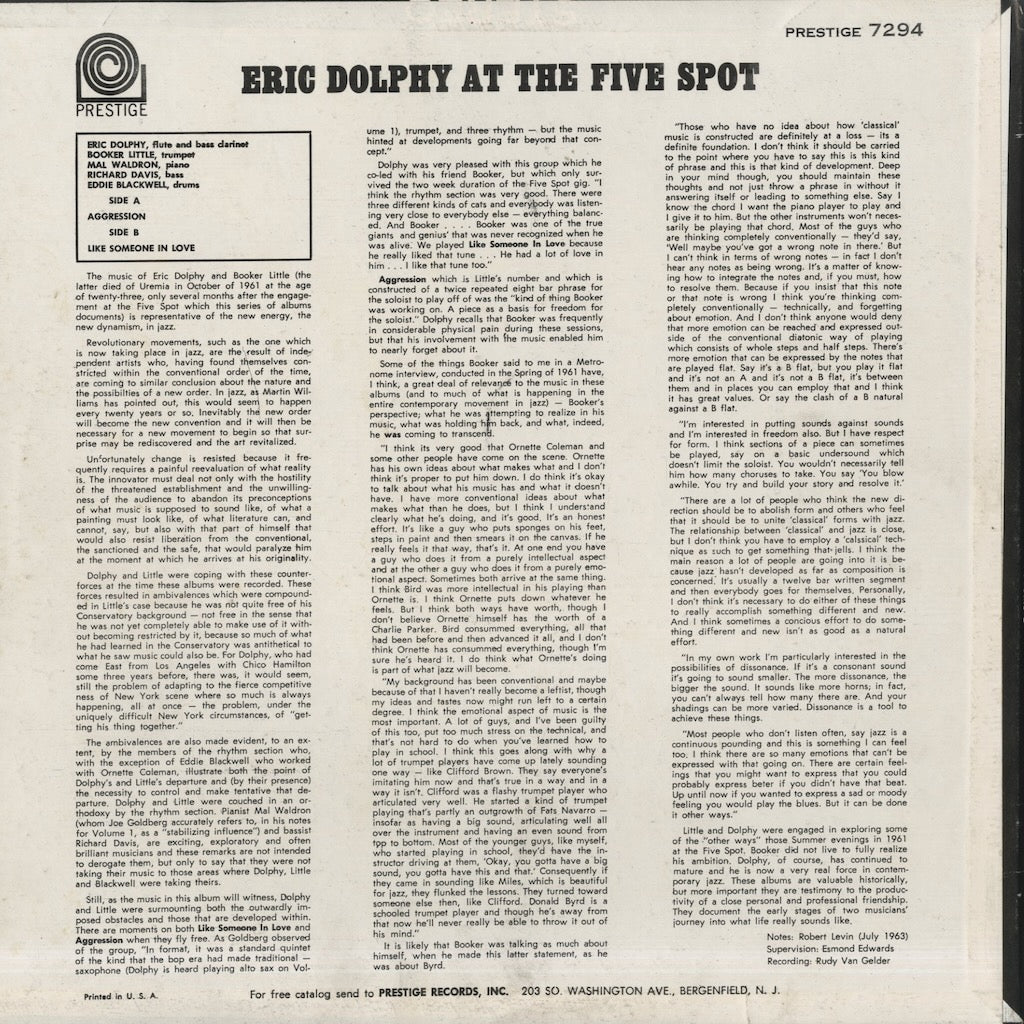 Eric Dolphy / エリック・ドルフィー / At The Five Spot Volume 2 (PR7294)