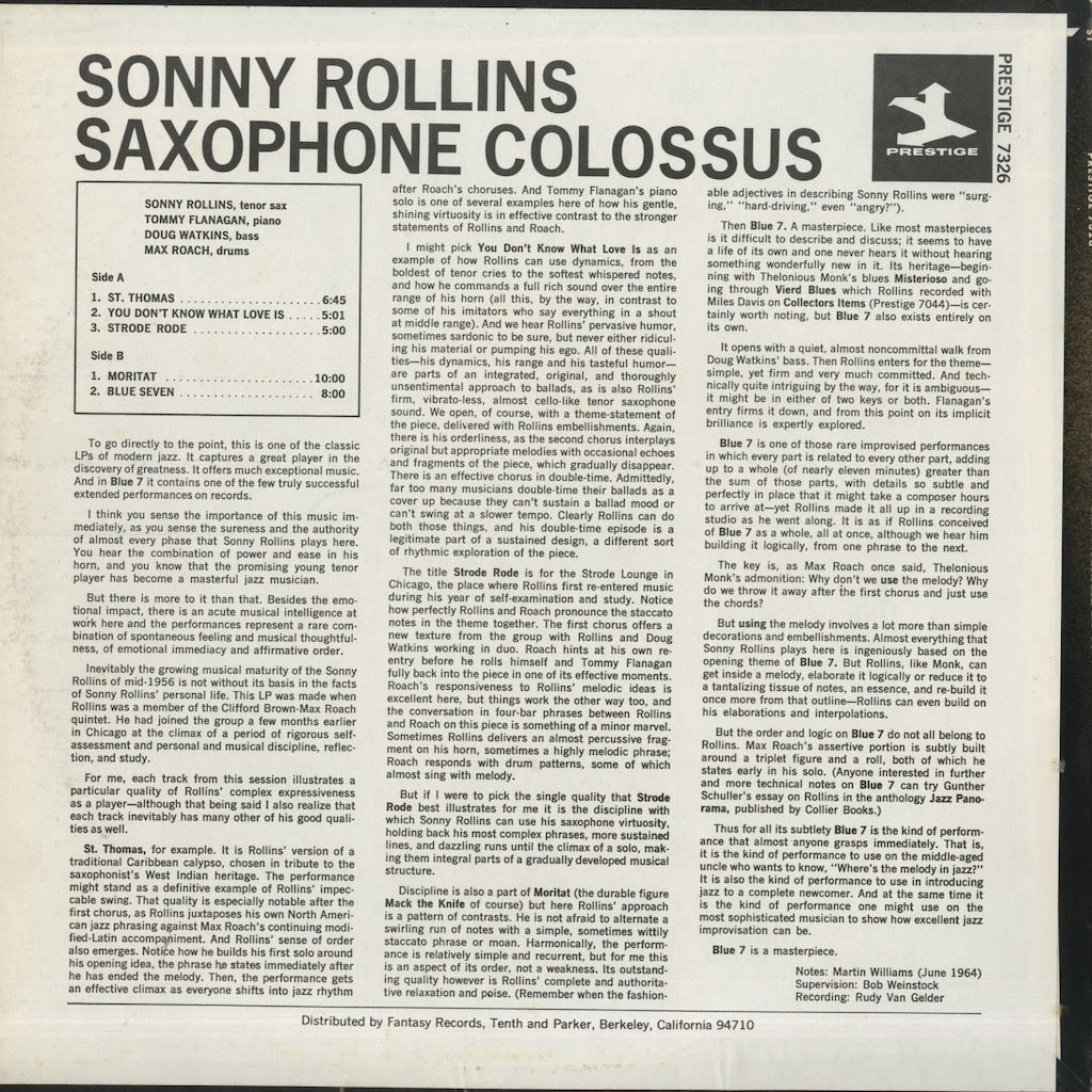 Sonny Rollins / ソニー・ロリンズ / Saxophone Colossus (PRT7326)