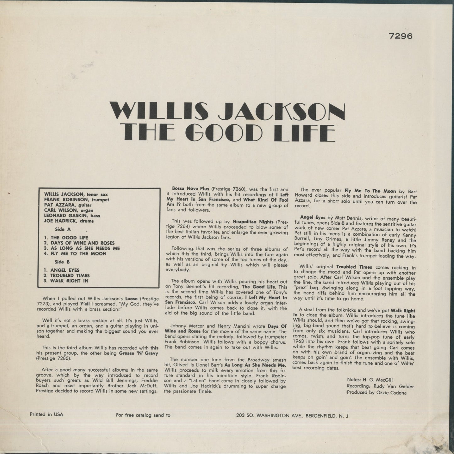 Willis Jackson / ウィリス・ジャクソン / The Good Life (PRLP 7296)