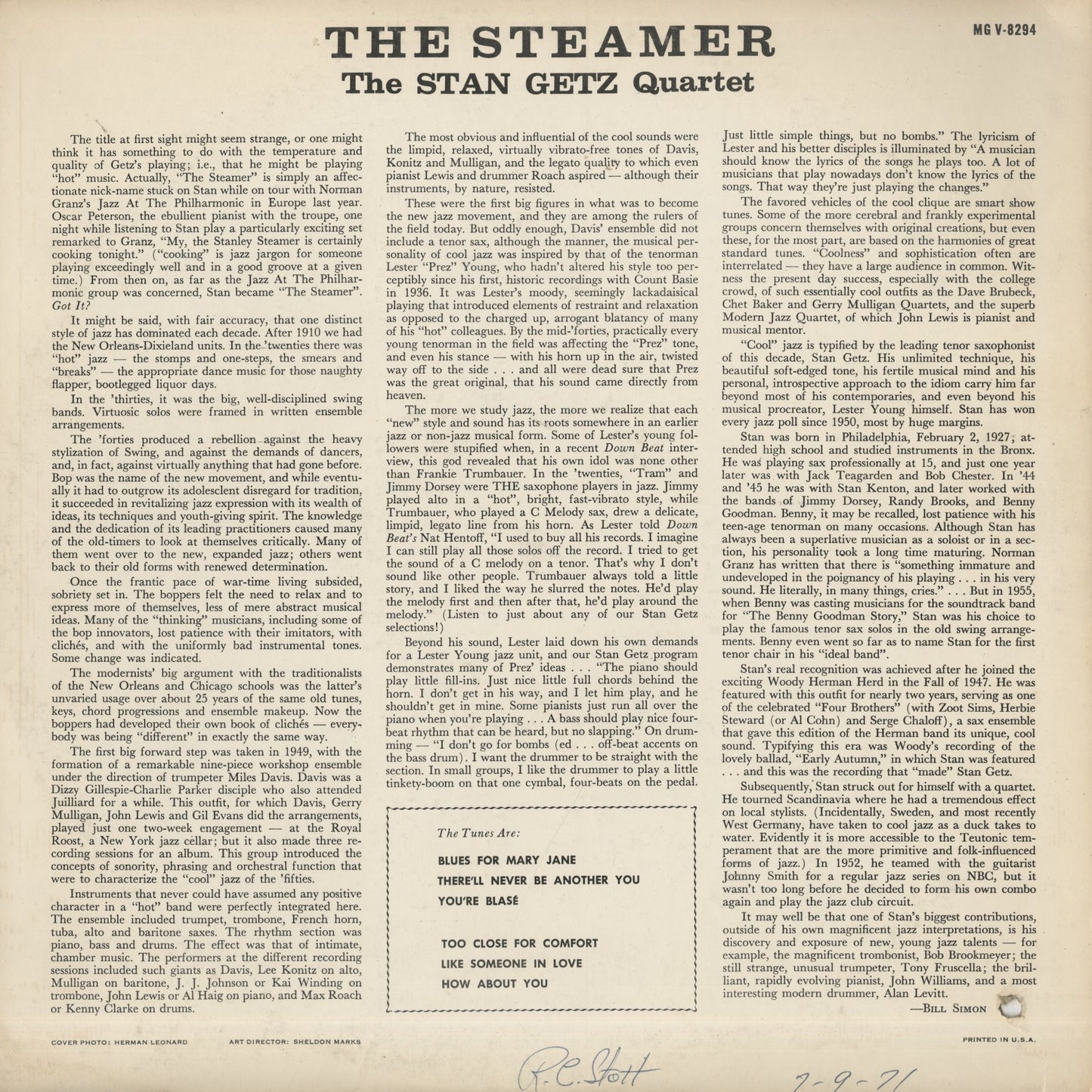Stan Getz / スタン・ゲッツ / The Steamer (MG V-8294)