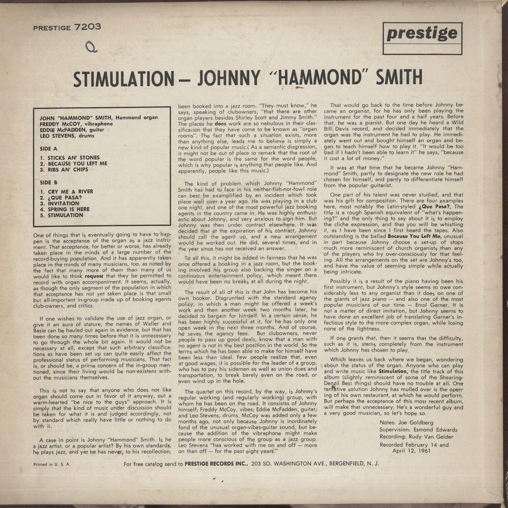 Johnny Hammond Smith / ジョニー・ハモンド・スミス / Stimulation (PR7203)