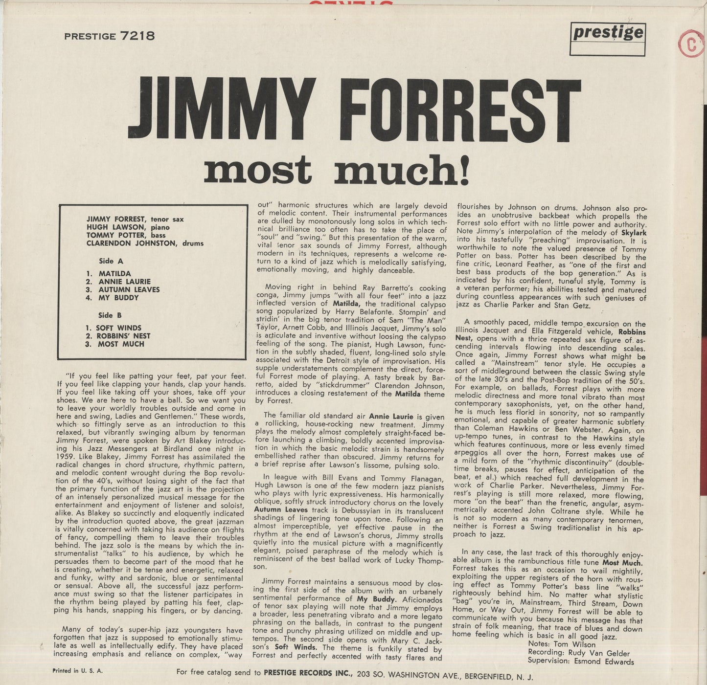 Jimmy Forrest / ジミー・フォレスト / Most Much! (PRLP 7218)