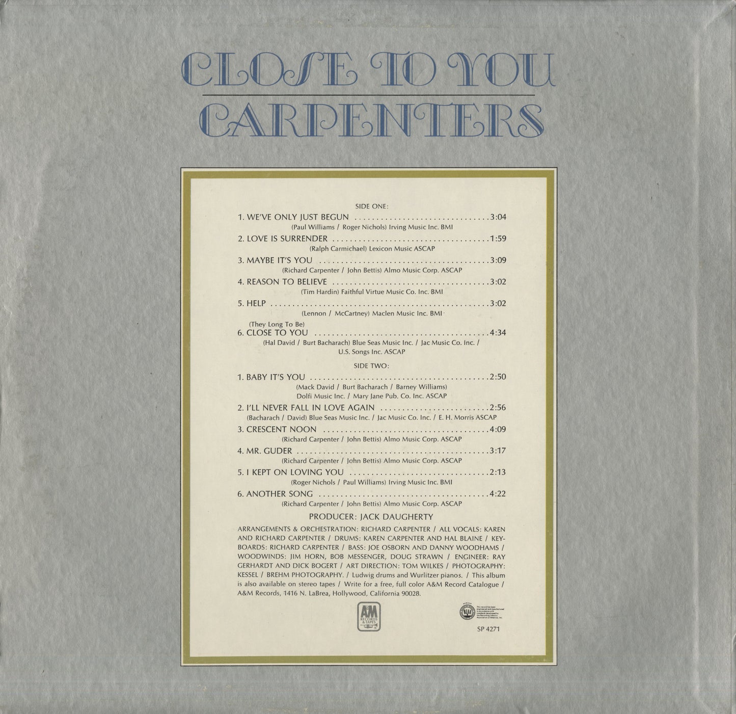 Carpenters / カーペンターズ / Close To You (SP 4271)