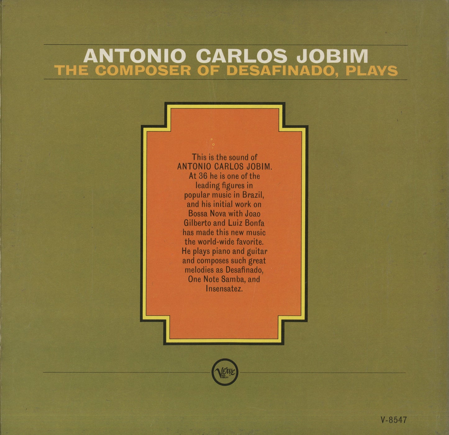 Antonio Carlos Jobim / アントニオ・カルロス・ジョビン / The Composer Of Desafinado, Plays (V-8547)