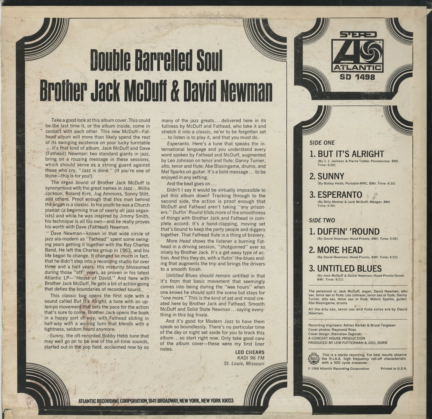 Brother Jack McDuff & David Newman / ブラザー・ジャック・マクダフ　デヴィッド・ニューマン / Double Barrelled Soul (SD 1498)