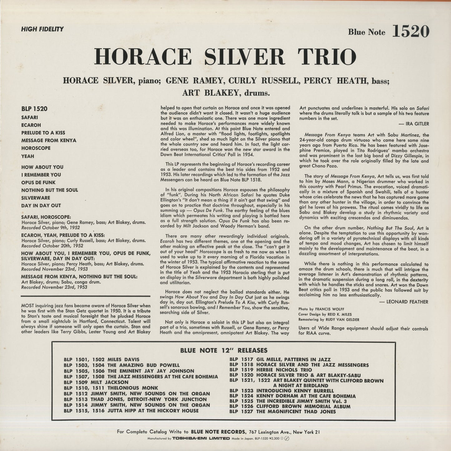 Horace Silver / ホレス・シルヴァー / Horace Silver Trio (BN 1520)