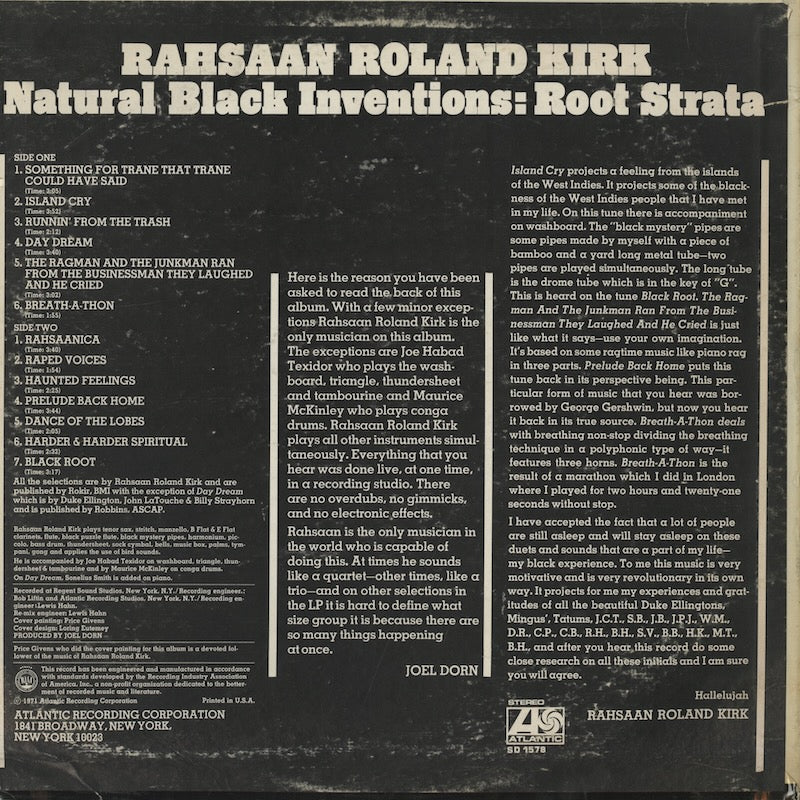 Roland Kirk / ローランド・カーク / Natural Black Inventions: Root Strara (SD1578)