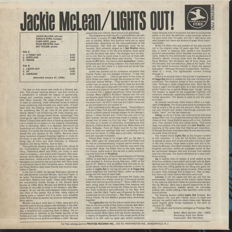 Jackie McLean / ジャッキー・マクリーン / Lights Out (PRT7757