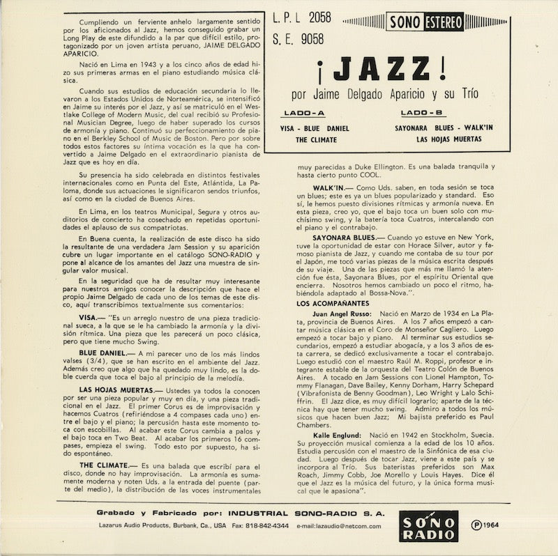 Jaime Delgado Aparicio Y Su Trio / ハイメ・デルガド / Jazz (L.P.L. 2058)