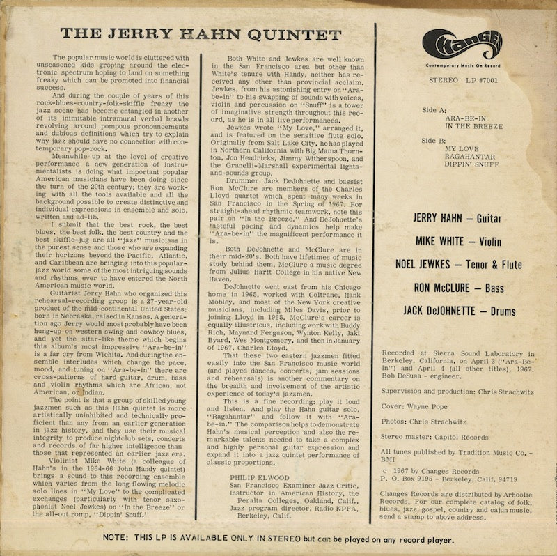 The Jerry Hahn Quintet / ジェリー・ハーン・クインテット / Ara-Be-In (LP #7001)