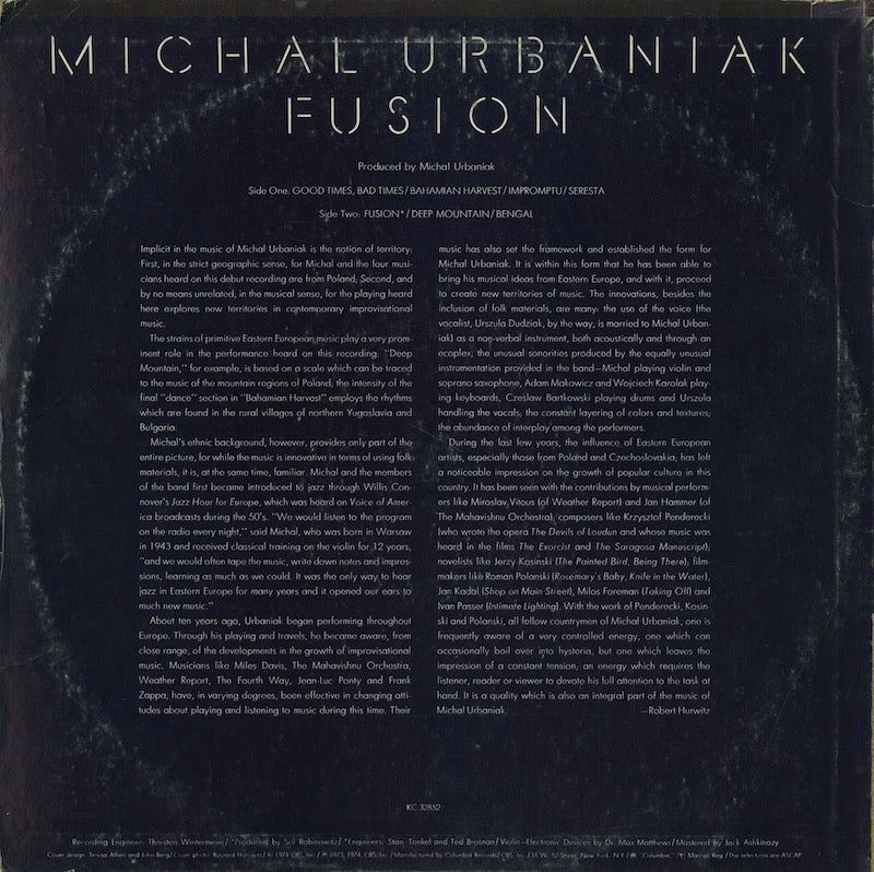 Michal Urbaniak / ミシャル・アーバニアック / Fusion (KC 32852)