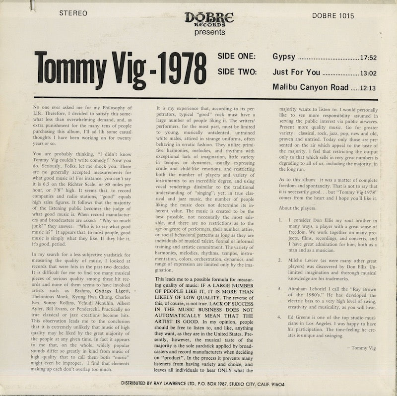 Tommy Vig / トミー・ヴィッグ / Tommy Vig’s 1978 (1015)