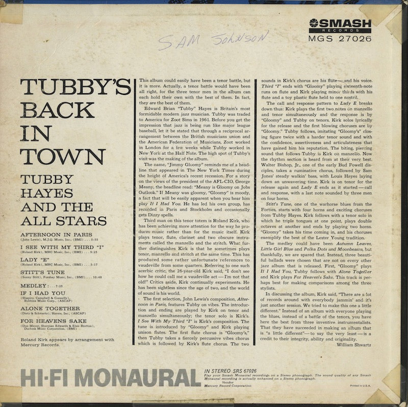 Tubby Hayes / タビー・ヘイズ / Tubby's Back In Time (MGS 27026)