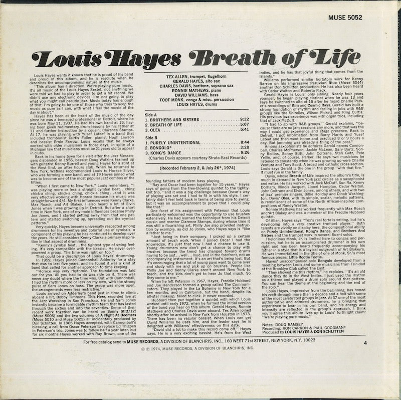 Louis Hayes / ルイ・ヘイズ / Breath Of Life (MR 5052)