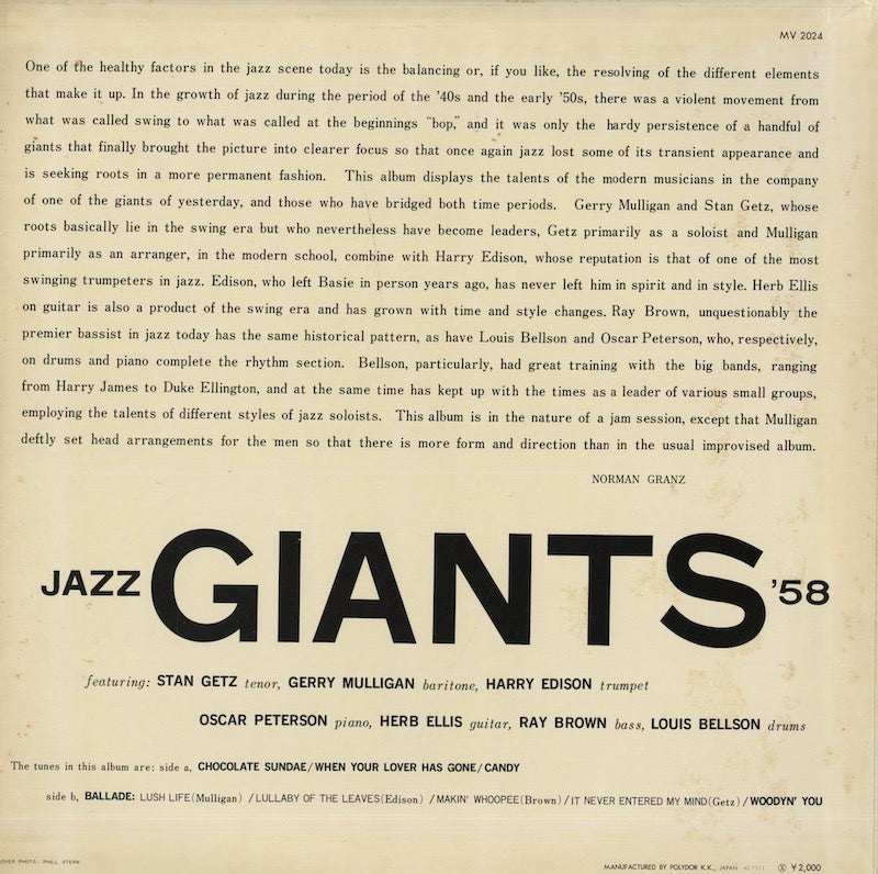 JAZZ GIANTS '58 - STAN GETZ スタン・ゲッツ- GERRY MULLIGAN ジェリー・マリガン - Harry Edison - Louis Bellson - Oscar Peterson Trio
