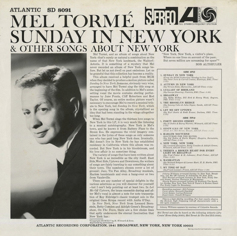 Mel Torme / メル・トーメ / Sings Sunday In New York And Other Songs About New York (P-7718)