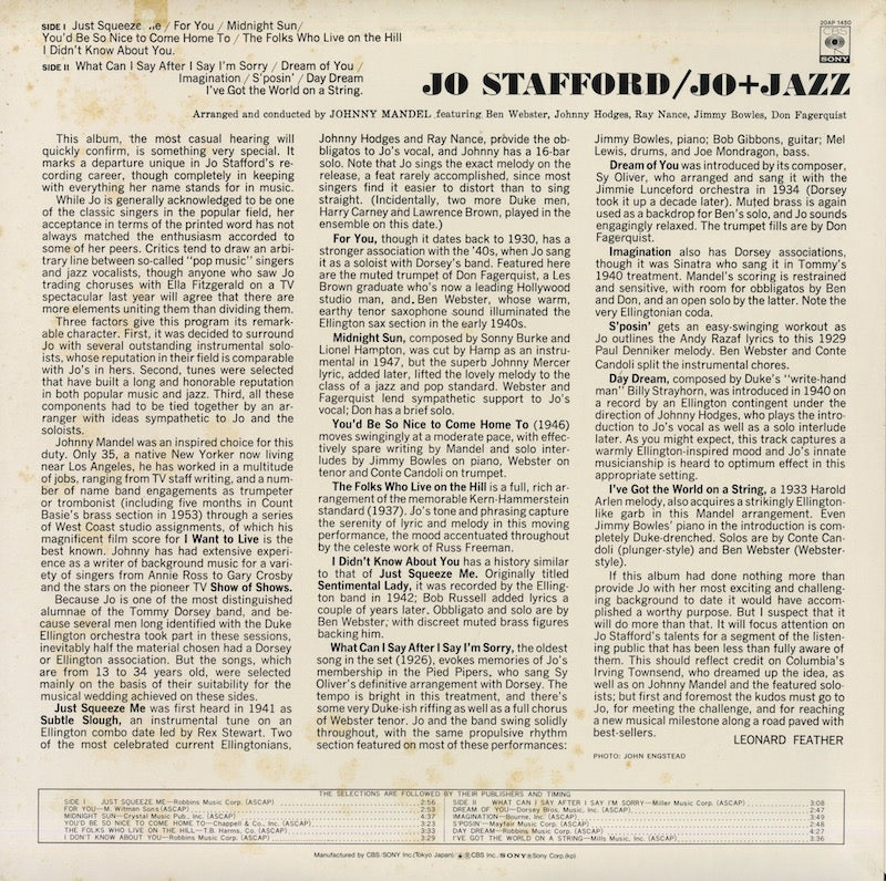 Jo Stafford / ジョー・スタッフォード / Jo + Jazz (20AP 1450 